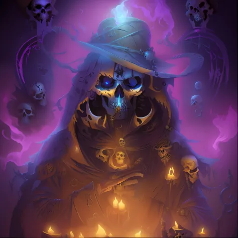 "Necromancer witch wearing a magic hat with a skeleton."