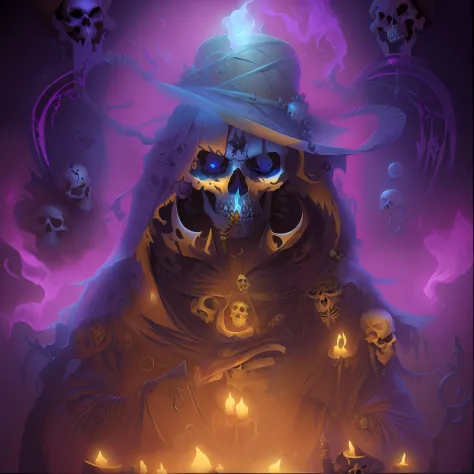 "necromancer witch wearing a magic hat with a skeleton."