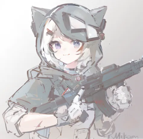Anime characters with guns and hoodies, neko, unknown artstyle, sketchy artstyle, Mihoyo art style, anime catgirl, nekomimi, Mar...