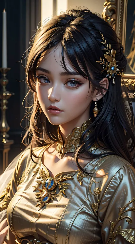 A woman in a golden dress，There is a golden flower stuck in his hair, By Li Song, Guviz-style artwork, 8K high quality detailed art, IG model | Art germ, by Yang J, detailed portrait of an anime girl, Palace ， A girl in Hanfu, intricate wlop, Beautiful cha...