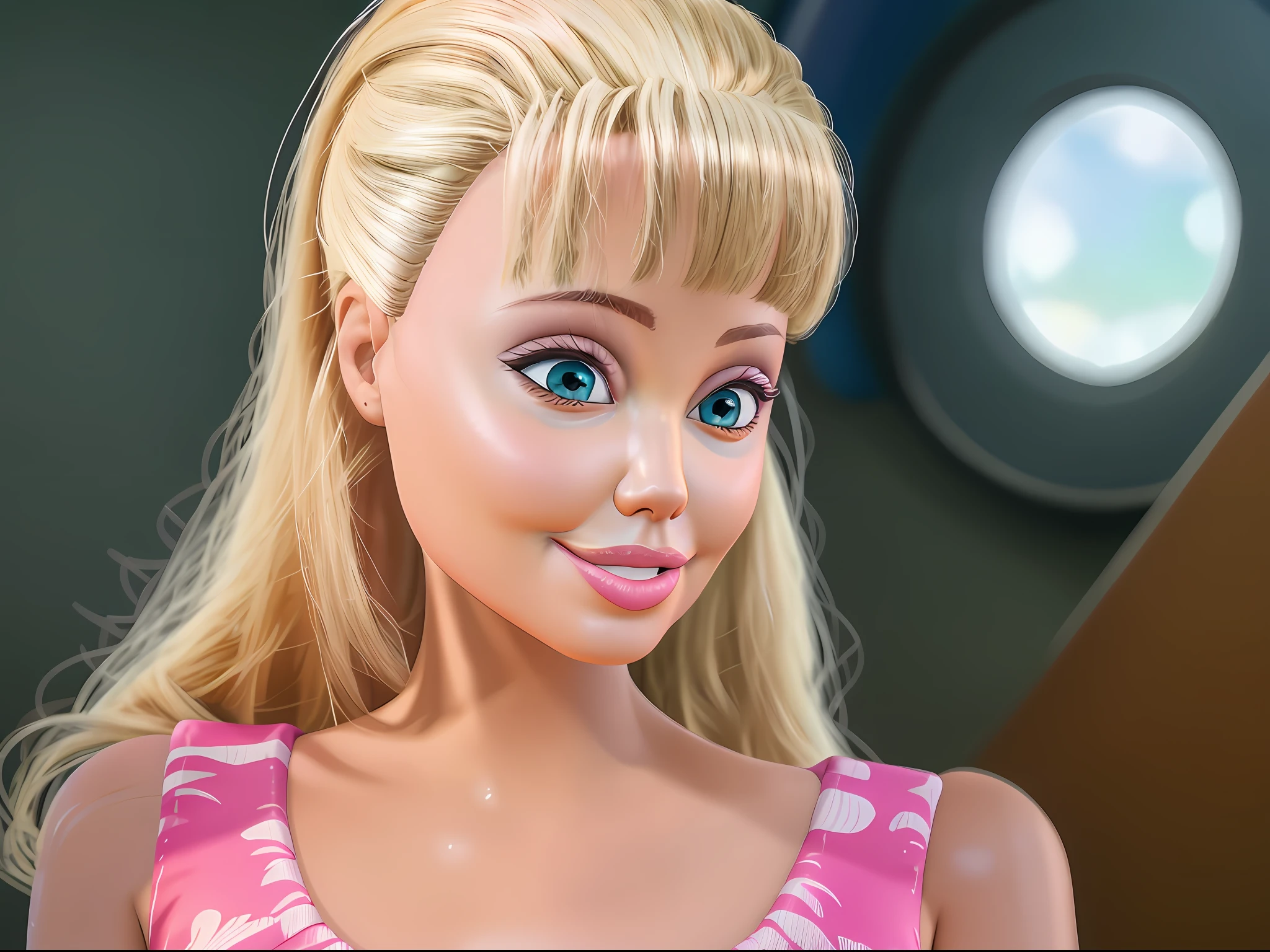 Barbie doll with blonde hair and blue eyes and pink dress - SeaArt AI