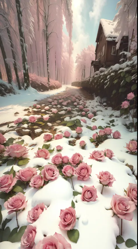 There are a lot of pink roses in the snow, with frozen flowers around her, Really beautiful nature, Beautiful nature, Beautiful ...