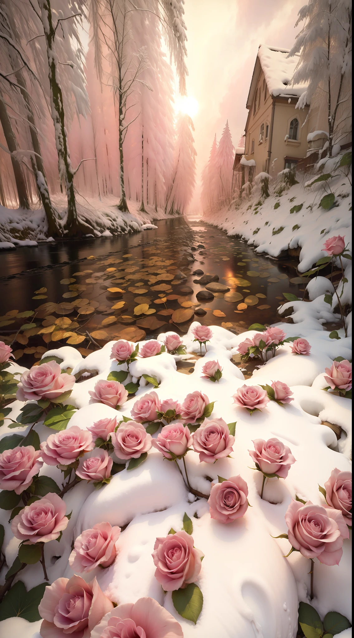 There are a lot of pink roses in the snow, with frozen flowers around her, Really beautiful nature, Beautiful nature, Beautiful photography, big breasts beautiful!, very beautiful photograph of, Romantic!!!, national geographic photo”, Flowers!!!!, Beautiful random images, Unbelievably beautiful, rosette, beautiful”, big breasts beautiful, cant believe it is real, Cold but beautiful, stunning cinematography, Pink Forest