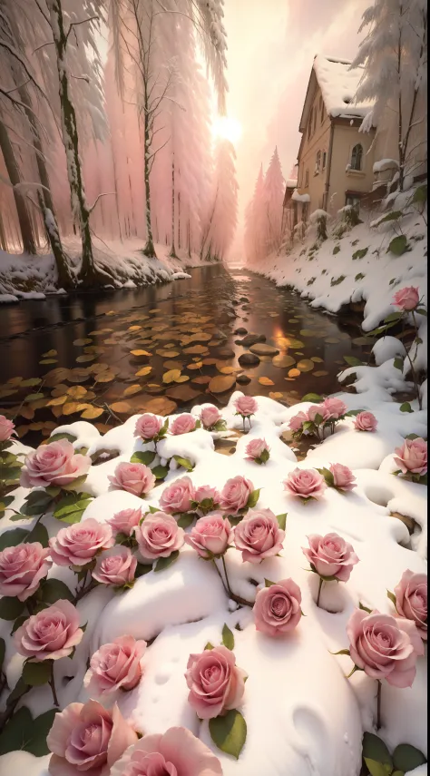 There are a lot of pink roses in the snow, with frozen flowers around her, Really beautiful nature, Beautiful nature, Beautiful ...