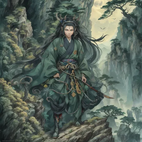 mystic ninja，detailed face，detailed eyes，clear eyes，gui zen，exotic beasts of mountains and seas，dark green and black details, lo...