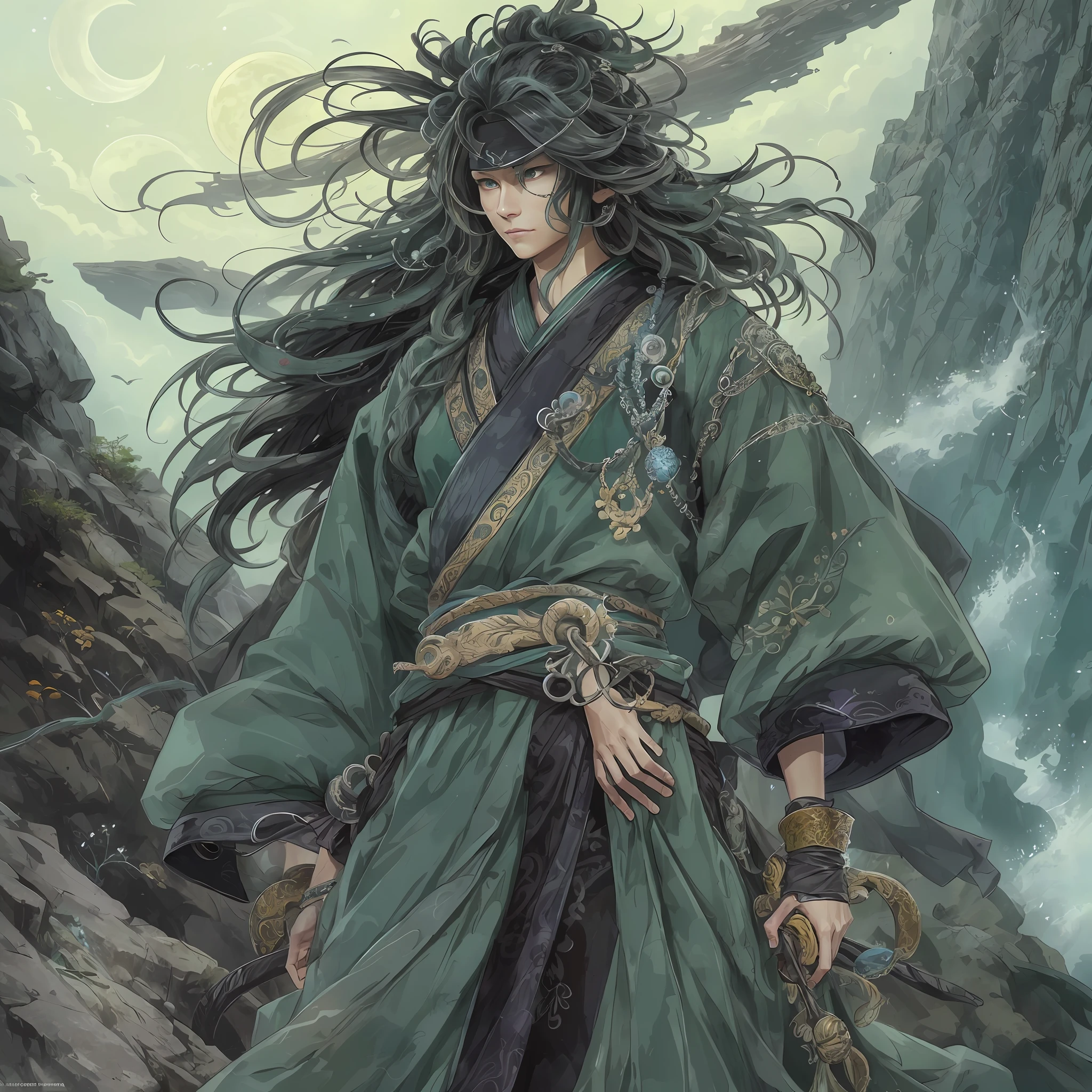 mystic ninja，Detailed face，Detailed eyes，Clear eyes，Gui Zen，Exotic beasts of mountains and seas，Dark green and black details, Loose and thick clothing covers the body，standing on cliff，Bask in the luxury of Yoshitaka Amano in the moonlight，fanciful，sci-fy，the complex background（full bodyesbian），((dynamicposes))，Colorful wallpapers，Highly detailed，Masterpiece，best qualtiy，art  stations