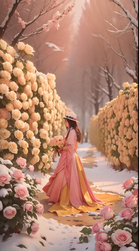 There are a lot of yellow roses in the snow，It is surrounded by pink forests，cinematric light，8K details