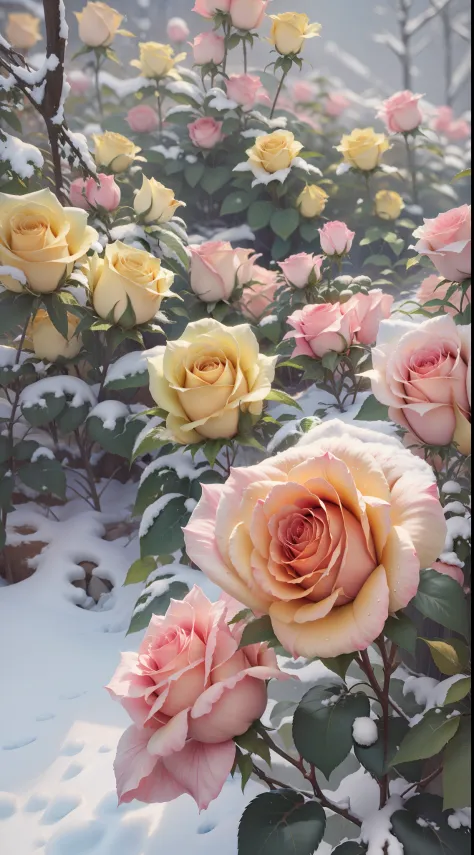 There are a lot of yellow roses in the snow，It is surrounded by pink forests，cinematric light，8K details