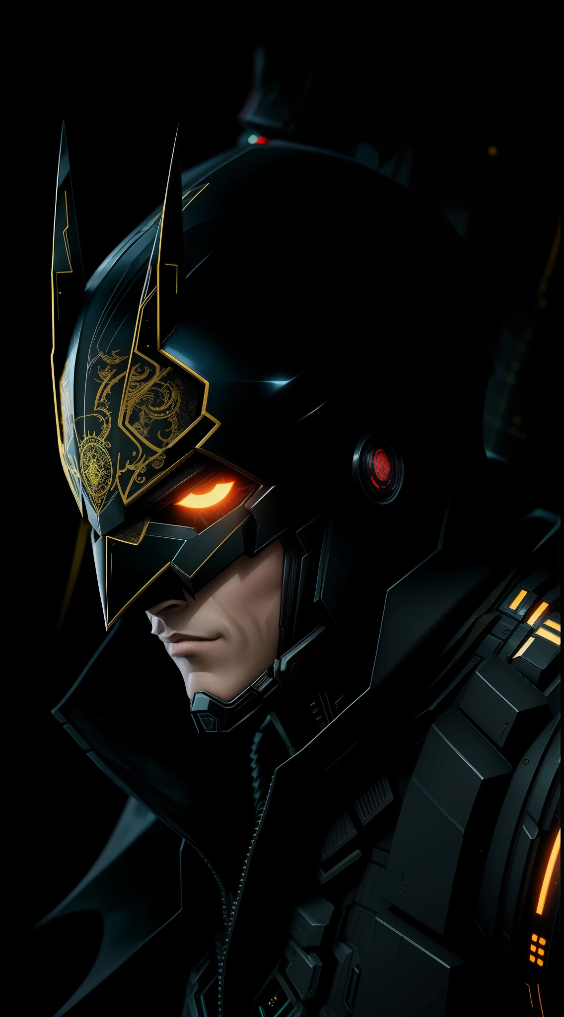 octane render of cyberpunk batman by Tsutomu nihei, Chromseide mit aufwendig gewebtem goldenem Filigran, dunkler, mysteriöser Hintergrund --v 4 --q 2