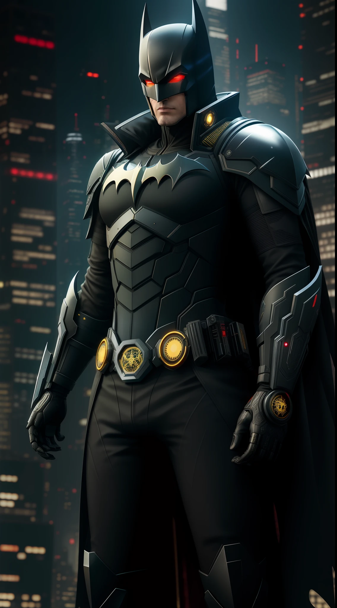 Representación de octanaje de Batman cyberpunk por Tsutomu nihei, Seda cromada con intrincada y ornamentada filigrana dorada tejida., dark mysterious background --v 4 --q 2