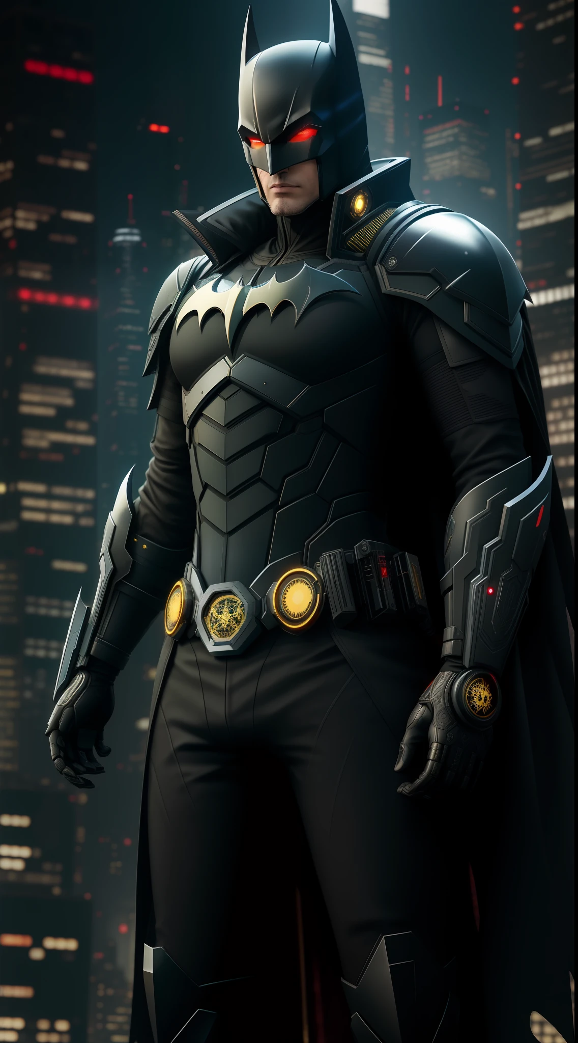 octane render of cyberpunk batman by Tsutomu nihei, chrome silk with intricate ornate weaved golden filiegree, dark mysterious background --v 4 --q 2