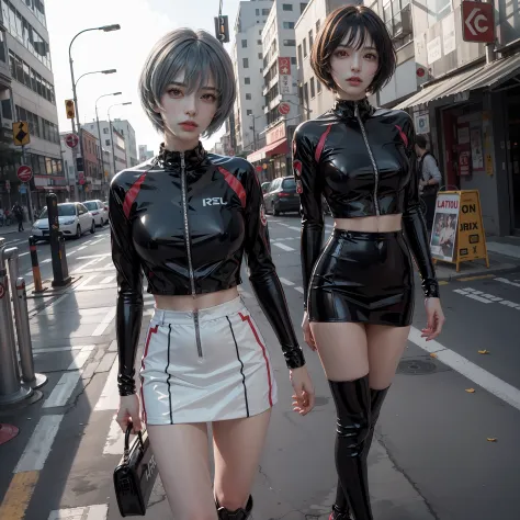 1girl, Rei Ayanami from Neon Genesis Evangelion in latex miniskirt in the streets of metropolitan city, made in glossy rubber, p...