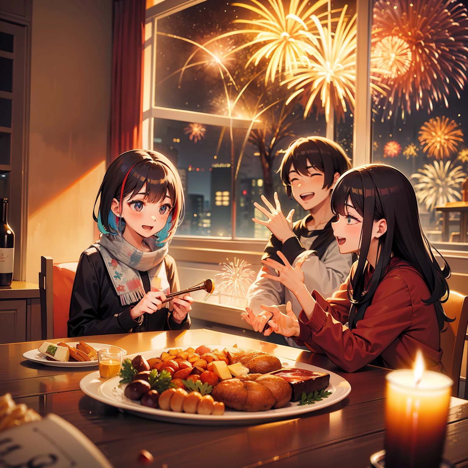 family，New Year's dinner，Fireworks outside the window，It snows in winter，Evening music，Rejoice，Perfect quality，Clear focus，Extremely colorful