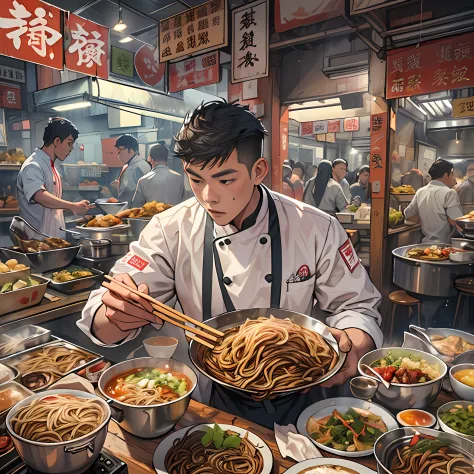 A young and promising male chef holds a plate full of tempting beef noodles，The beef noodles exude a tempting aroma。It is surrounded by a lively snack street，People flock to buy food ,in the style of the stars art group xing xing, 32K, Best quality, Master...