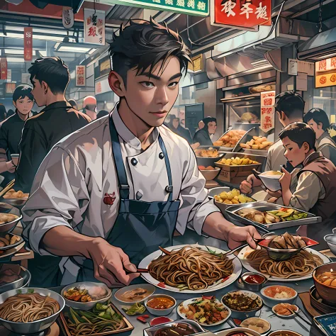 A young and promising male chef holds a plate full of tempting beef noodles，The beef noodles exude a tempting aroma。It is surrounded by a lively snack street，People flock to buy food ,in the style of the stars art group xing xing, 32K, Best quality, Master...