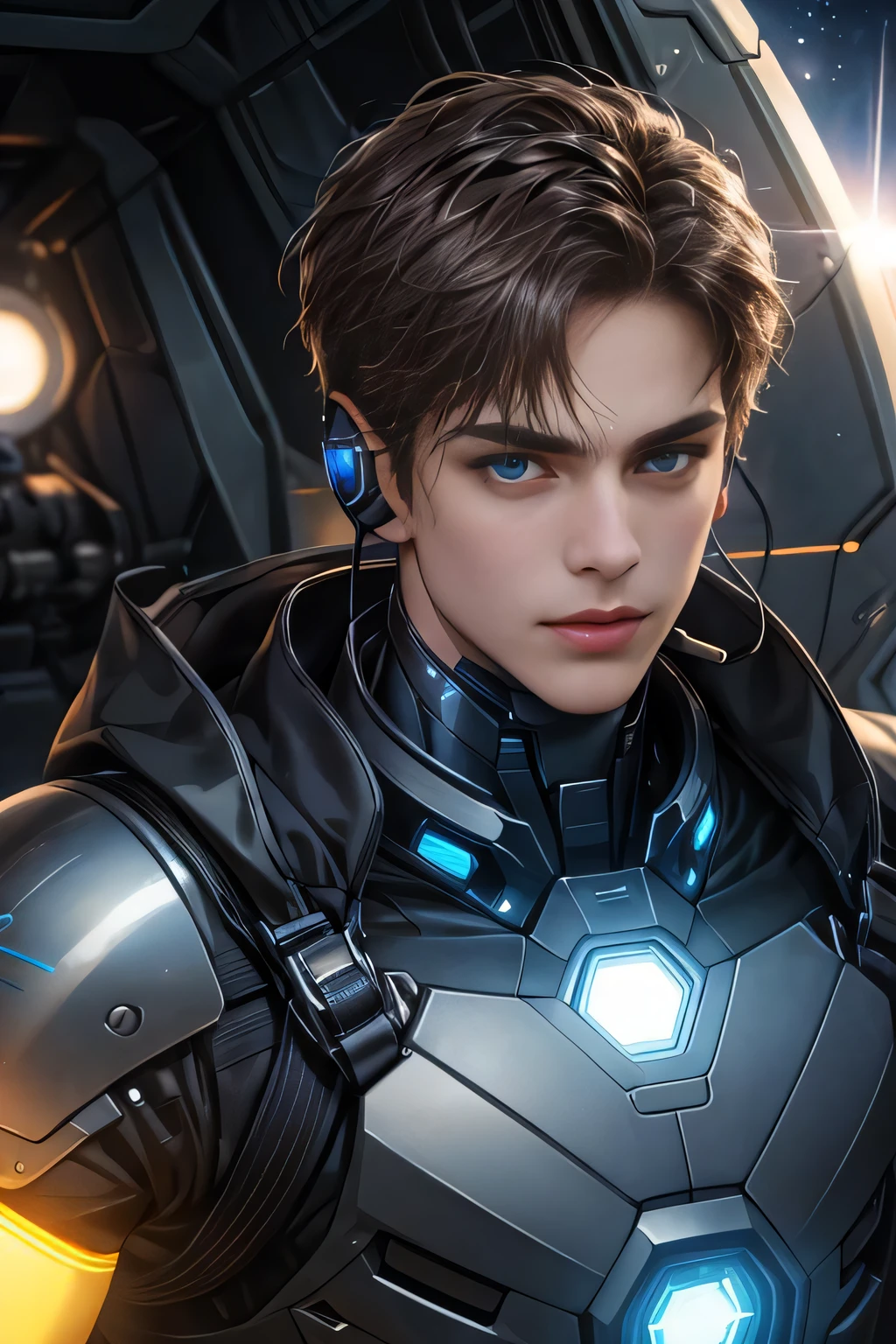 (Absurdres, Intricate Details, Masterpiece, Best Quality, High Resolution, 8k), 1 male, european, mature, aged up, handsome, finely detailed eyes and face, yellow french crop hair, blue eyes,cyborg portrait,  looking at viewer, solo, (full body:0.6), detailed background, close up, detailed face,  futuristic glowing  steel armor,    high-tech,  gadgets, advanced technology, nanotech,   headset, head-up display,  epic galactic spaceship in background,  lens flare, neon lights,   electricity, explosions, screens,  cinematic atmosphere, Depth of Field, VFX.