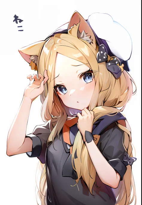 hmaw1, long hair, hat, black dress, long sleeve, black sleeves, white bloomers, anime girl with long blonde hair and a cat ears,...