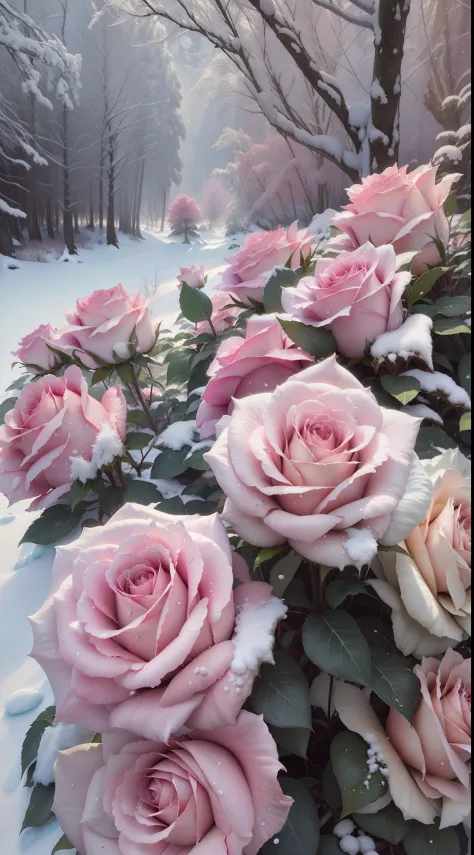 There are a lot of pink roses in the snow,The flowers are covered in snow,Frozen flowers,It is surrounded by pink forests,Beauti...