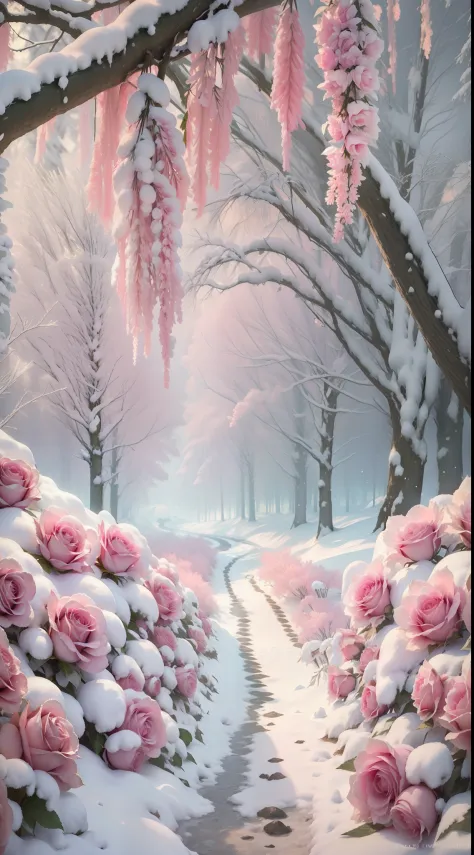 There are a lot of pink roses in the snow,The flowers are covered in snow,Frozen flowers,It is surrounded by pink forests,Beauti...