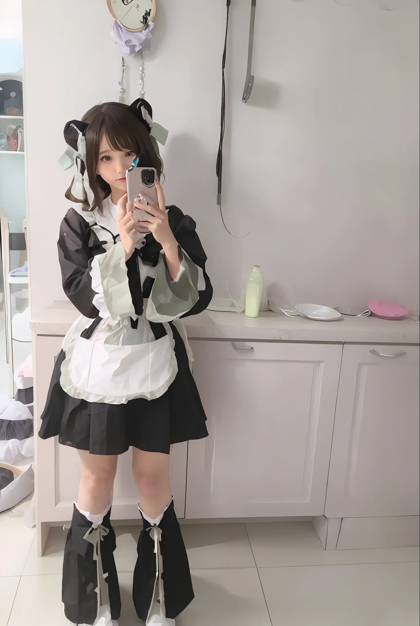 There is a woman in a maid outfit taking a selfie - SeaArt AI