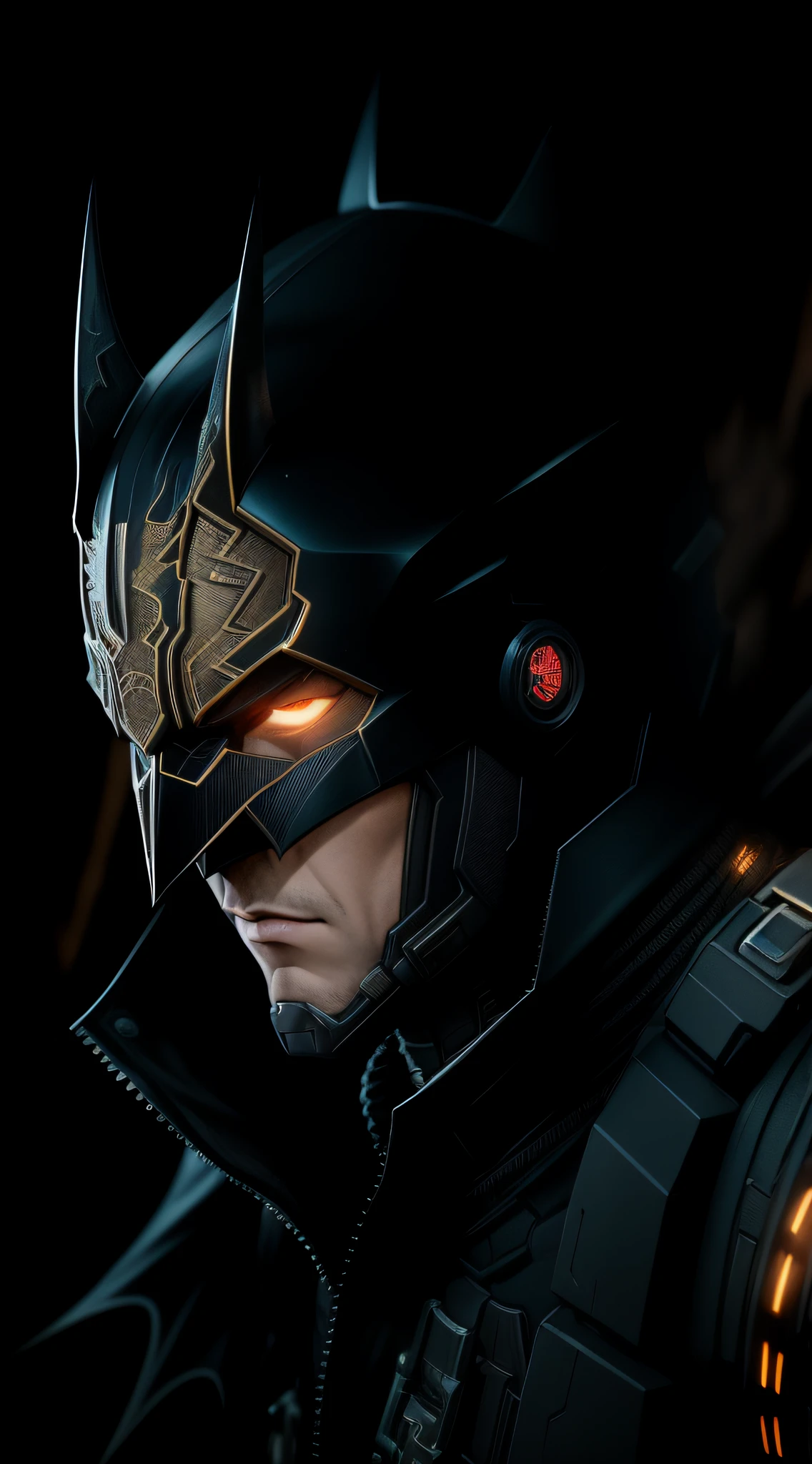 octane render de cyberpunk batman por Tsutomu nihei, Seda cromada com intrincado filiegree dourado tecido ornamentado, fundo misterioso escuro --v 4 --q 2