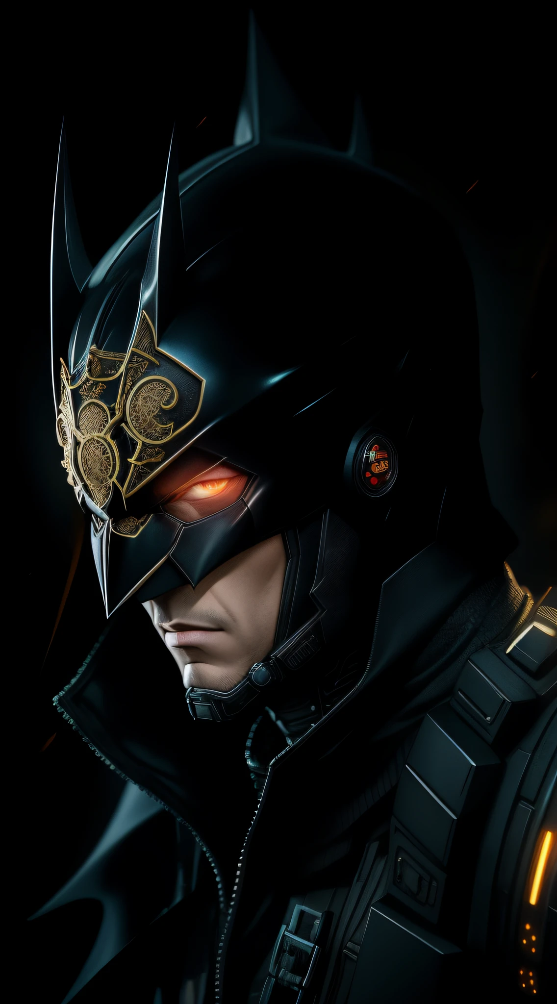 Representación de octanaje de Batman cyberpunk por Tsutomu nihei, Seda cromada con intrincada tela adornada de filigrana dorada, fundo misterioso escuro --v 4 --q 2