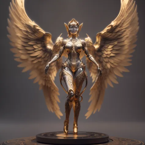 Mechanical style,Gold Theme,(1 mechanical female angel,anatomically correct,full body, ,golden wings,standing,circular base),Black and white background, (3D render,Best quality, high detailed, Masterpiece, offcial art, Cinematic Lighting, 4K, Chiaroscuro)