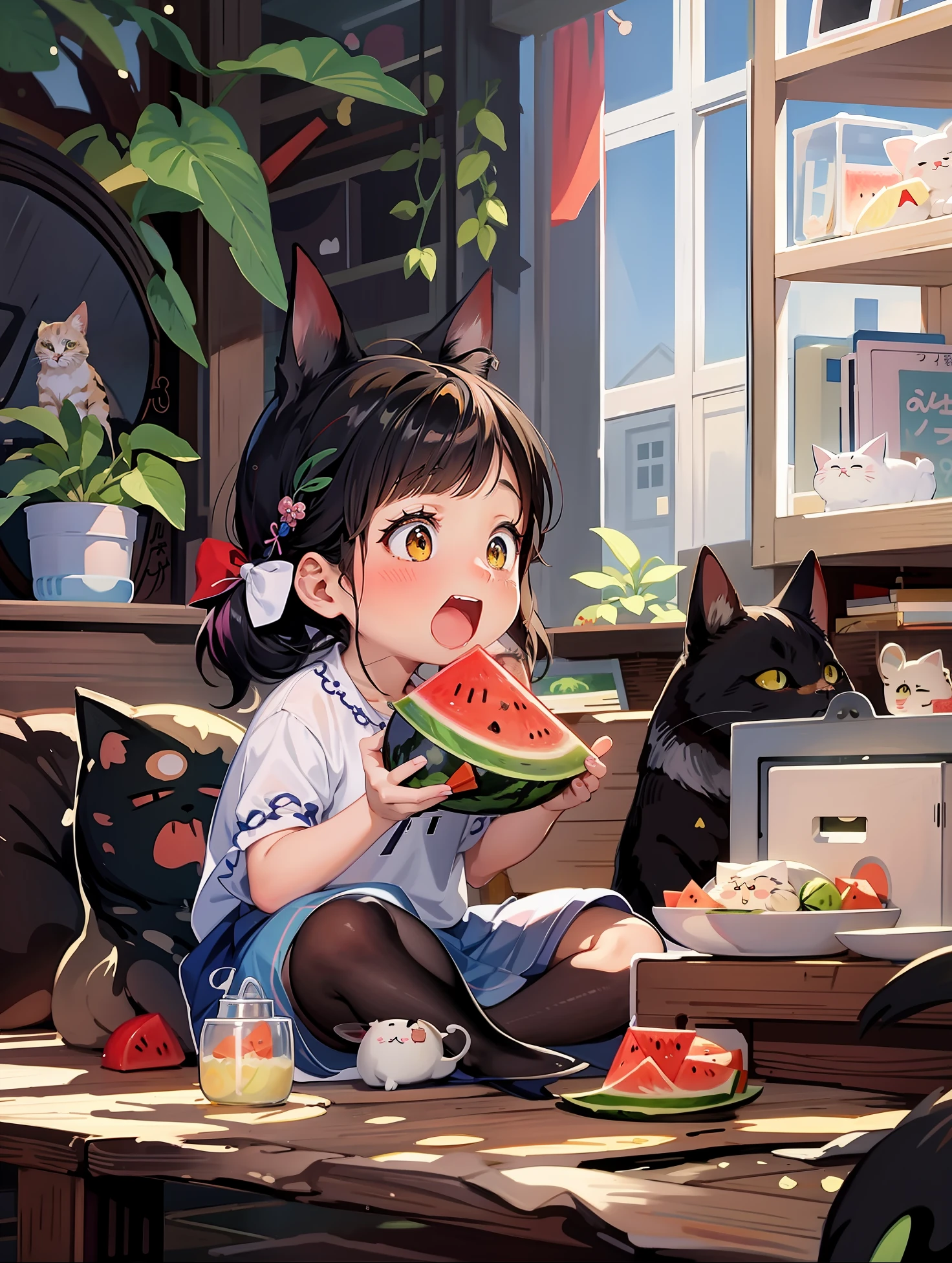 anime girl eating a slice of watermelon with a cat nearby, cute detailed artwork, cute art style, material is!!! watermelon!!!, anime illustration, by Yang J, cute anime, adorable digital painting, anime visual of a cute girl, anime visual of a cute cat, cute anime catgirl, anime style illustration, cute artwork, anime picture, by Kubisi art