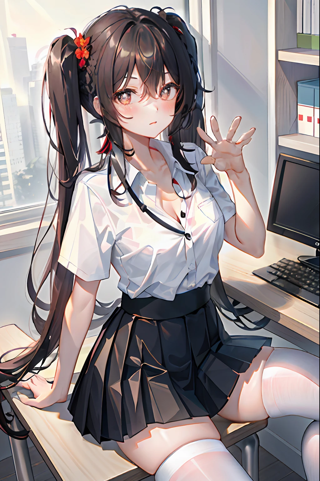 Hu Tao, 1girl, solo, ((white shirt)), black thighhighs, breasts, cleavage, uniform, office background, black skirt, pleated skirt, office, hair between eyes, brown eyes, flower pupils, medium breasts, long hair, looking at viewer, Black hair, brown short nails, solo, thighhighs, thighs, very long hair, ((masterpiece)), sitting, chair, desk, computer on desk, name tag, id tag, indoor, blush, sexy pose, ((long twintail)), short sleeve,