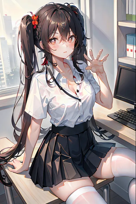 Hu Tao, 1girl, solo, ((white shirt)), black thighhighs, breasts, cleavage, uniform, office background, black skirt, pleated skir...