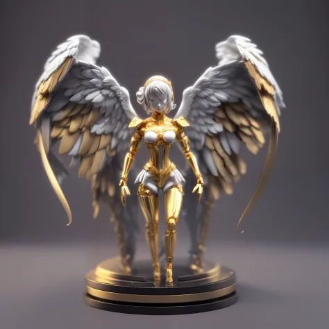 (Isometric:1.5),(blind box toy style:1.2),  Mechanical style,golden theme,(1 mechanical female angel,Anatomically correct,full bodyesbian, ,Golden wings,standing,circular base),Black and white background, (a 3D render,Best quality, high detal, Masterpiece,...