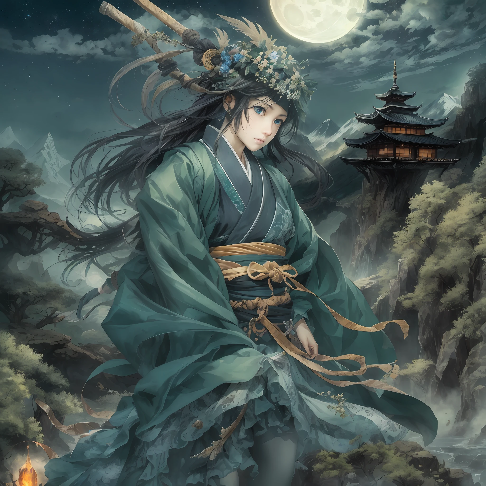 mystic ninja，Detailed face，Detailed eyes，Clear eyes，Gui Zen，Exotic beasts of mountains and seas，Dark green and black details, Loose and thick clothing covers the body，standing on cliff，Bask in the luxury of Yoshitaka Amano in the moonlight，fanciful，sci-fy，the complex background（full bodyesbian），((dynamicposes))，Colorful wallpapers，Highly detailed，Masterpiece，best qualtiy，art  stations