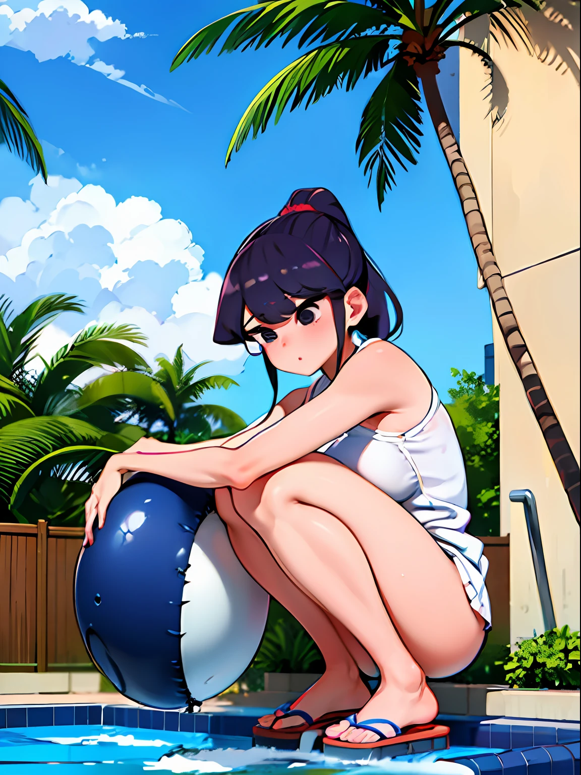 Anime girl sitting on a beach ball in a pool - SeaArt AI