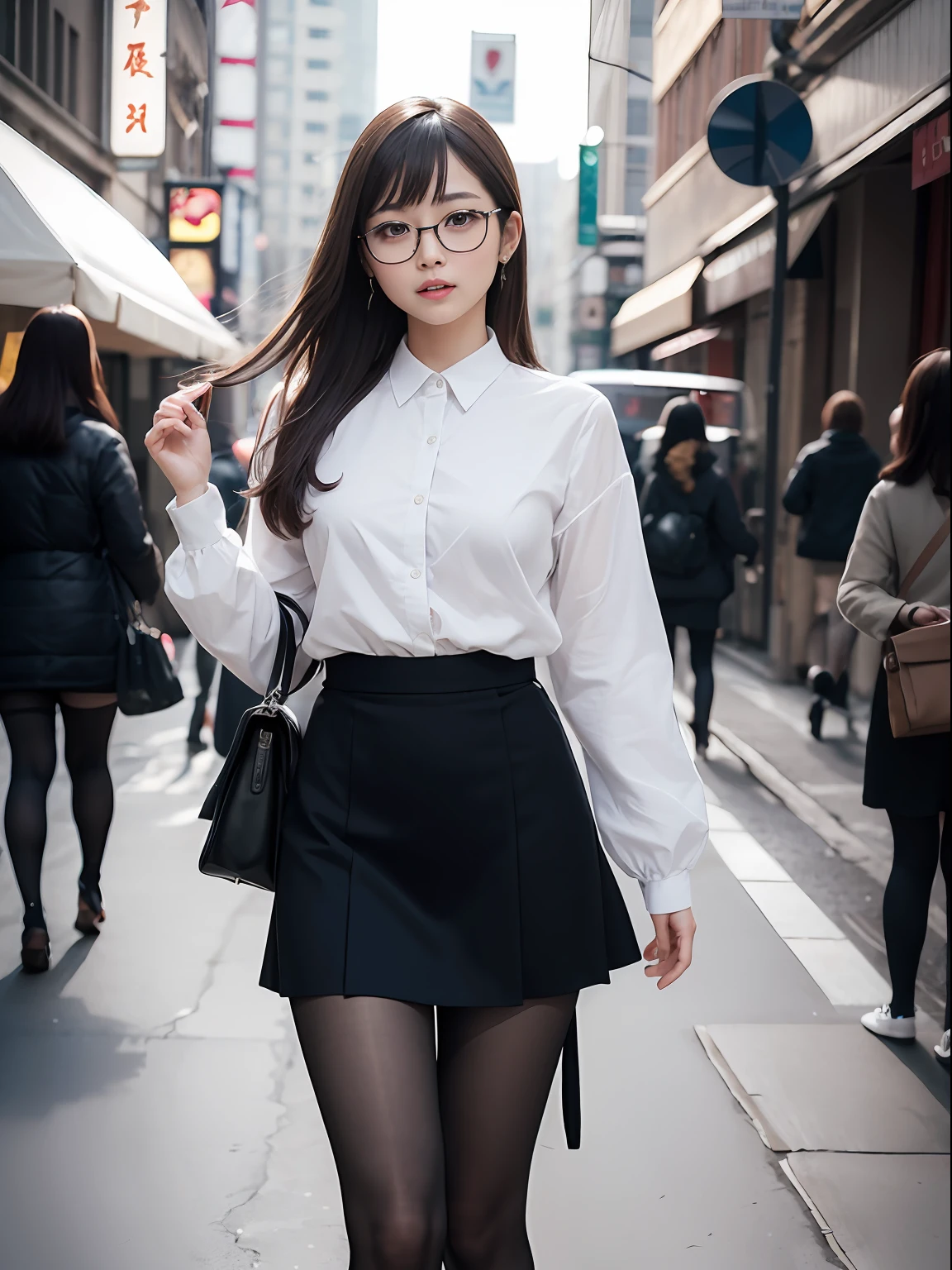 Arafed asian woman in a skirt and white shirt walking down a street -  SeaArt AI