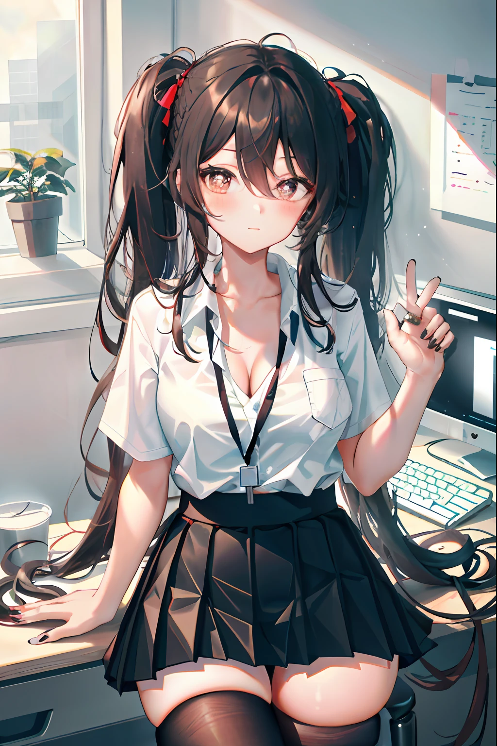 Hu Tao, 1girl, solo, ((white shirt)), black thighhighs, breasts, cleavage, uniform, office background, black skirt, pleated skirt, office, hair between eyes, brown eyes, flower pupils, medium breasts, long hair, looking at viewer, Black hair, brown short nails, solo, thighhighs, thighs, very long hair, ((masterpiece)), sitting, chair, desk, computer on desk, name tag, id tag, indoor, blush, sexy pose, ((long twintail)), short sleeve,