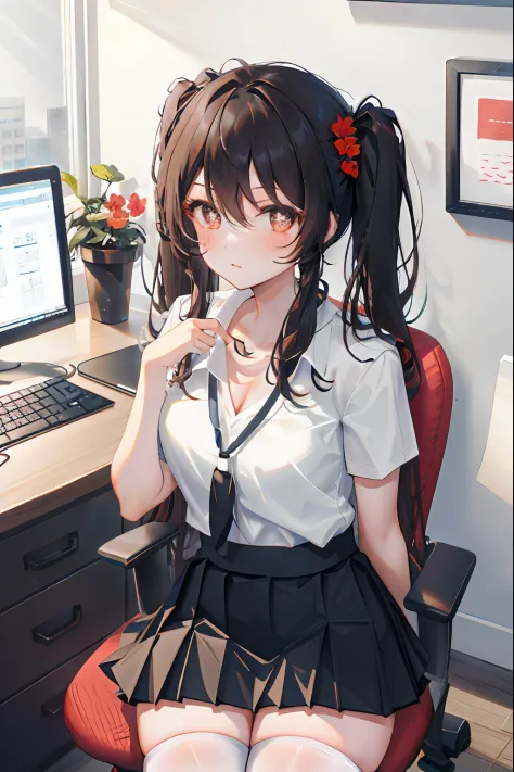 hu tao, 1girl, solo, ((white shirt)), black thighhighs, breasts, cleavage, uniform, office background, black skirt, pleated skir...