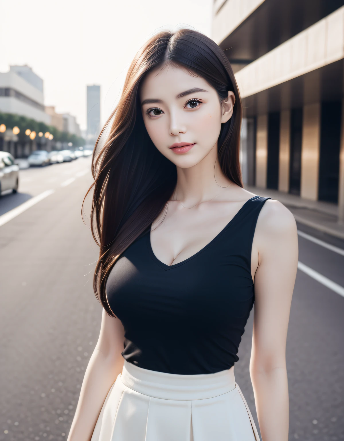 best quality, white skin, real human skin, (detailed face), oval face, pores, ultra high res, (8k, RAW photo, photorealistic:1.4), 1girl, slim, (large-breast:1.37, cleavage), (looking straight at viewer with a serene and goddess-like happiness:1.2, stylish model posing:1.3, arms behind back), (lifter gloss, eyelashes, gloss-face, best quality, ultra highres, Broad lighting, natural shading), lovely look, (black V-neck T-shirt:1.3, high-waist-box-skirt:1.3), cityscape, fashion street venue, arms behind back:1.3, burry background, bokeh, depth of field, (cowboy shot:1.3), centered image, perfect anatomy, perfect proportion,