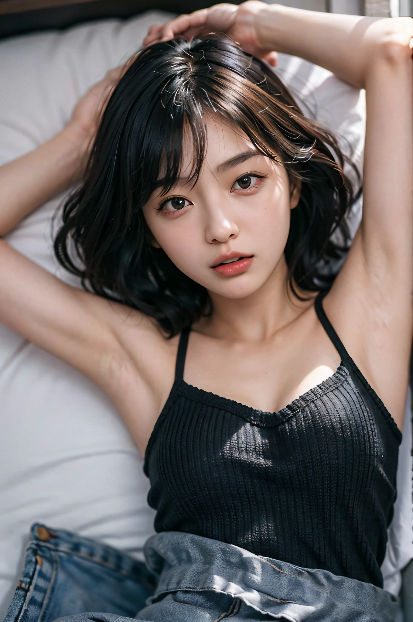(top-quality、4K、​masterpiece:1.3)、An 18-year-old woman、1girl in、(breastsout、Attractive body:1.2)、Short and medium hair、Clean armpits、sticking out the tongue、Super Detail Face、Detail Lip、Detail Eye、double eyelid、Wear knitwear without sleeves、Japan Person Model、Split Shot、Bedrooms、lying on one's side on bed