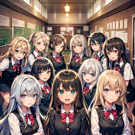 （Seven girls and one boy），（Seven girls in a row）,（brunette color hair, Black-eyed loli，Blonde loli，White-haired and red-eyed loli，Purple-haired heterochromic pupil loli，Pink hair, Green eyes, Loli）,校服,clever,Classroom Background