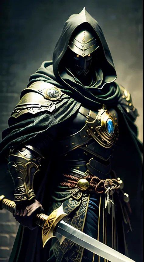 Samurai in black robes，Wears a black cloak，Holding a black long sword --auto