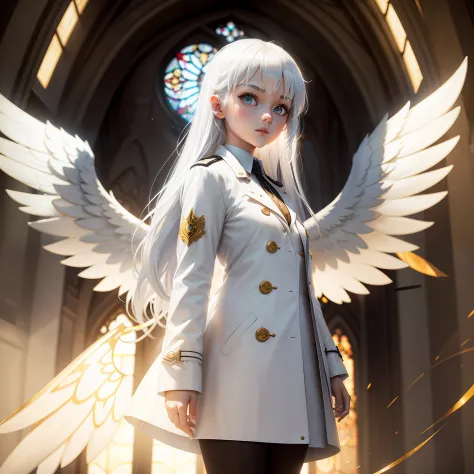 White hair，Golden pupils，White wings，teens girl，White trench coat，chies，quadratic element，Stained glass，Epic，Exquisite