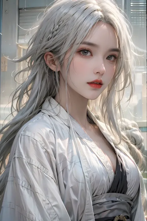 photorealistic, high resolution, 1women, solo, hips up, look at viewer, (detailed face), white hair, long hair, taoist robe,over...