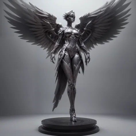 Mechanical style，Black Themes,(1 mechanical female angel,Anatomically correct,full bodyesbian, ,Black and silver wings,standing,circular base),Black and white background, (a 3D render,Best quality, high detal, Masterpiece, offcial art, Cinematic lighting, ...