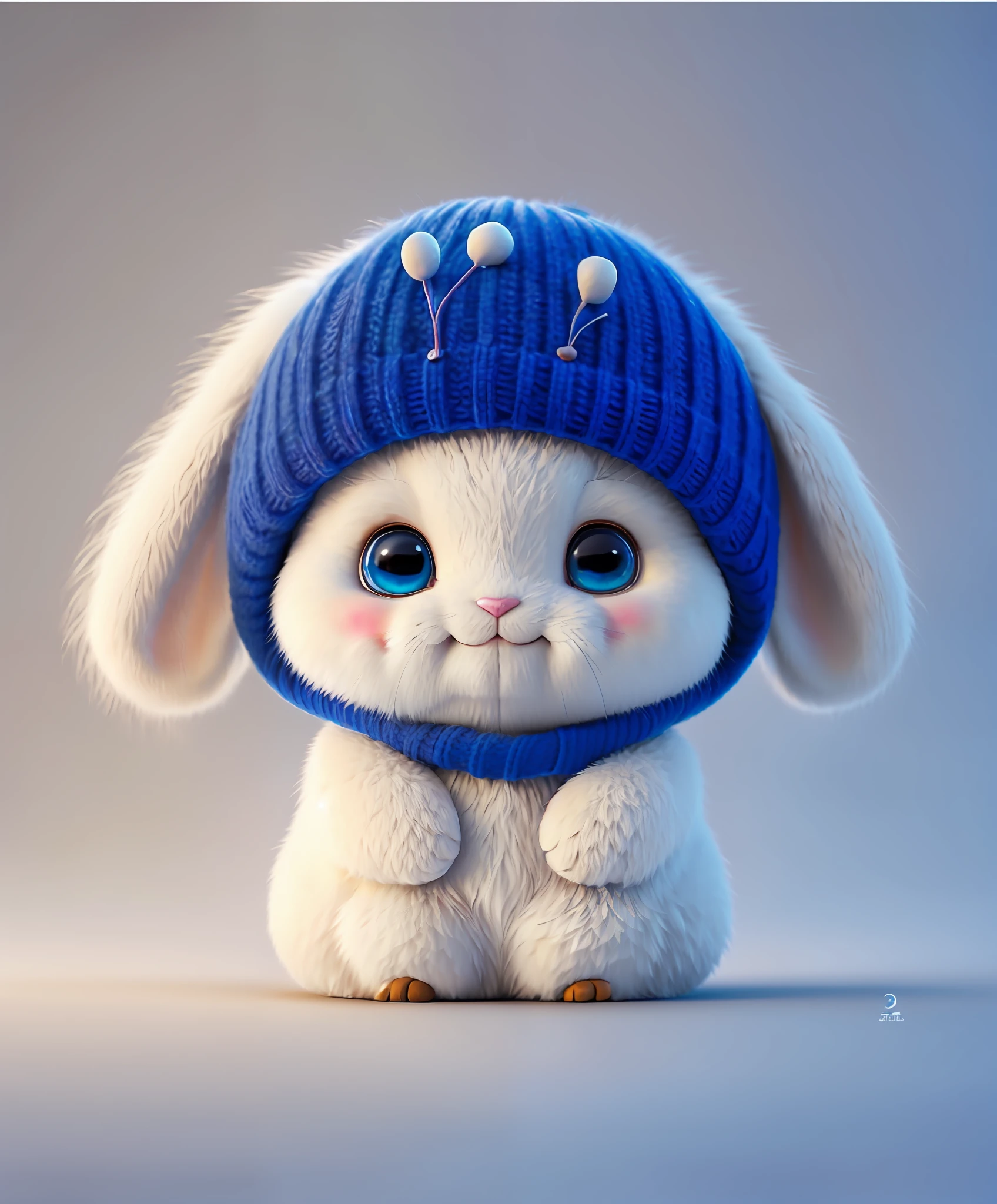 There is a white rabbit wearing a blue hat and a blue scarf, lovely digital painting, adorable digital art, cute 3 d render, Cute detailed digital art, Cute cartoon character, cute anthropomorphic bunny, Cute! C4D, cute character, cute artwork, Beautiful digital artwork, cute portrait, cute animal, adorable creature, Cartoon Cute, Kawaii realistic portrait