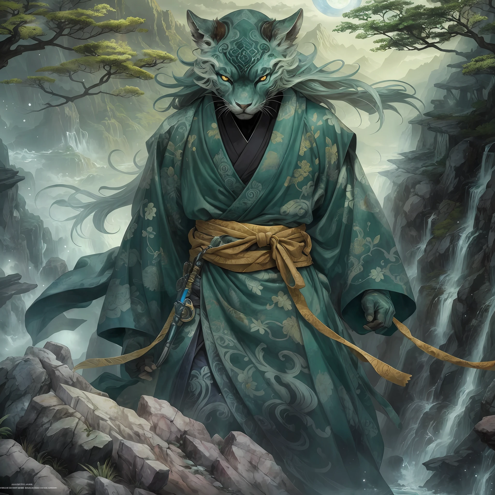 mystic ninja，Detailed face，Detailed eyes，Clear eyes，Gui Zen，Exotic beasts of mountains and seas，Dark green and black details, Loose and thick clothing covers the body，standing on cliff，Bask in the luxury of Yoshitaka Amano in the moonlight，fanciful，sci-fy，the complex background（full bodyesbian），((dynamicposes))，Colorful wallpapers，Highly detailed，Masterpiece，best qualtiy，art  stations