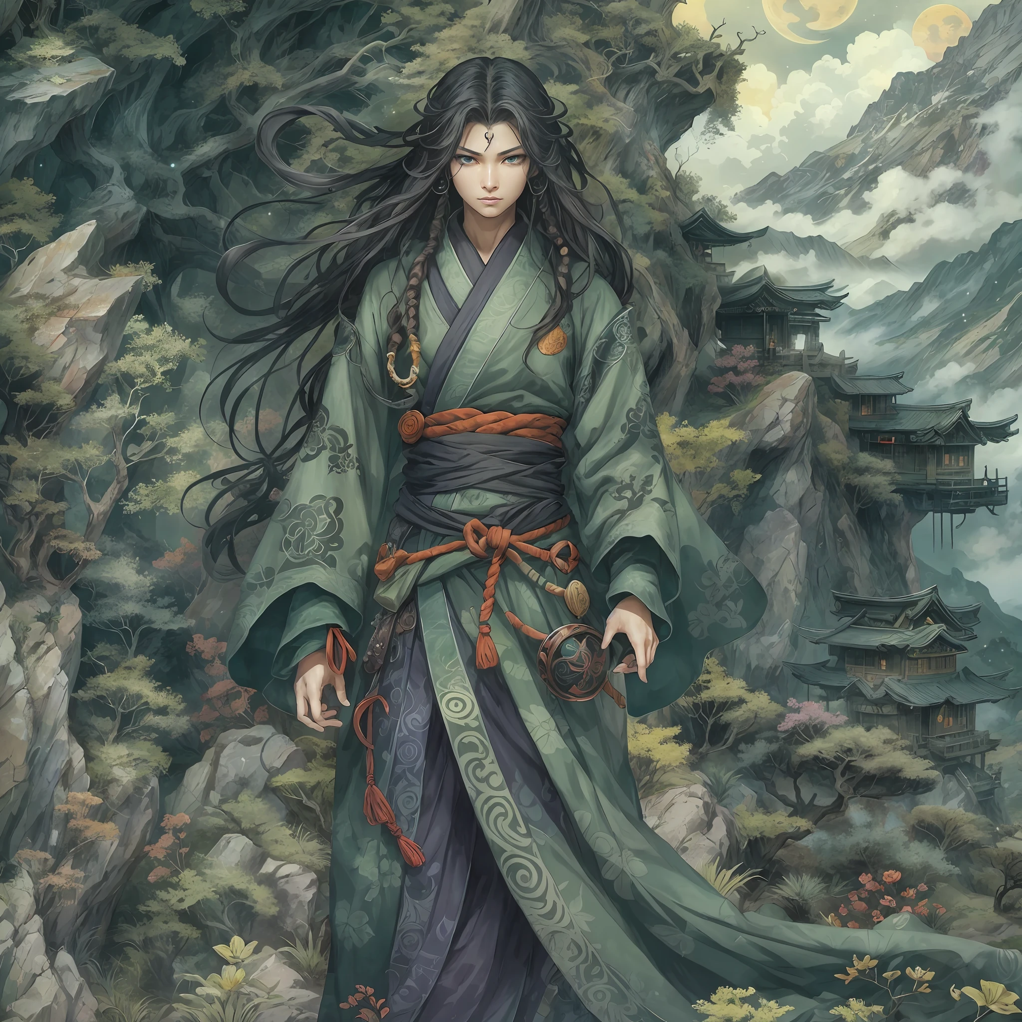 mystic ninja，Detailed face，Detailed eyes，Clear eyes，Gui Zen，Exotic beasts of mountains and seas，Dark green and black details, Loose and thick clothing covers the body，standing on cliff，Bask in the luxury of Yoshitaka Amano in the moonlight，fanciful，sci-fy，the complex background（full bodyesbian），((dynamicposes))，Colorful wallpapers，Highly detailed，Masterpiece，best qualtiy，art  stations