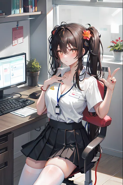 Hu Tao, 1girl, solo, ((white shirt)), black thighhighs, breasts, cleavage, uniform, office background, black skirt, pleated skir...