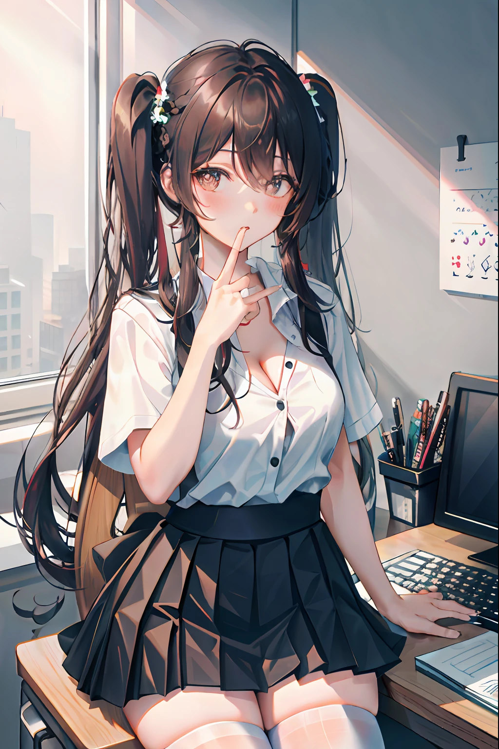 Hu Tao, 1girl, solo, ((white shirt)), black thighhighs, breasts, cleavage, uniform, office background, black skirt, pleated skirt, office, hair between eyes, brown eyes, flower pupils, medium breasts, long hair, looking at viewer, Black hair, brown short nails, solo, thighhighs, thighs, very long hair, ((masterpiece)), sitting, chair, desk, computer on desk, name tag, id tag, indoor, blush, sexy pose, ((long twintail)), short sleeve,