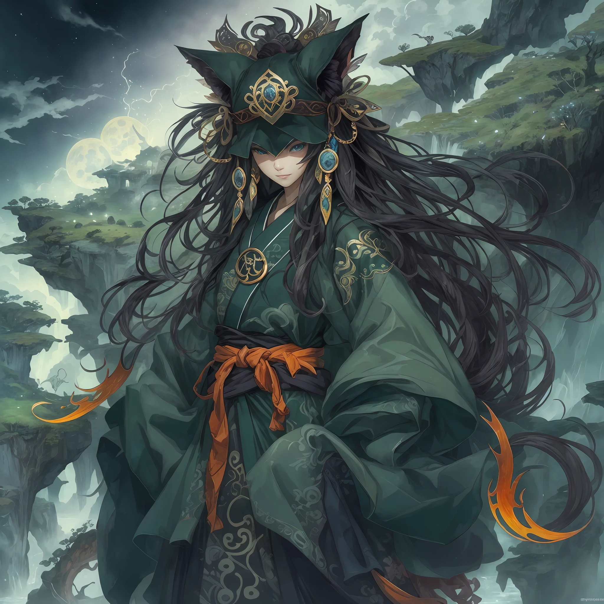 mystic ninja，Detailed face，Detailed eyes，Clear eyes，Gui Zen，Exotic beasts of mountains and seas，Dark green and black details, Loose and thick clothing covers the body，standing on cliff，Bask in the luxury of Yoshitaka Amano in the moonlight，fanciful，sci-fy，the complex background（full bodyesbian），((dynamicposes))，Colorful wallpapers，Highly detailed，Masterpiece，best qualtiy，art  stations