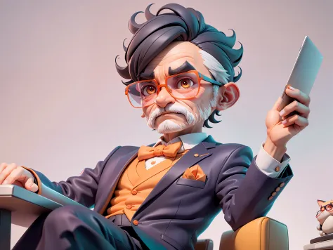 A young man in formal clothes，Short hair and glasses，Sitting at your desk，holding laptop，digitial painting，cartoonish style，4K HD illustration，Very detailed facial features，tigre，Mark Clairdon，by Pixar，3D character design：Hayao Miyazaki and Akira Toriyama,...